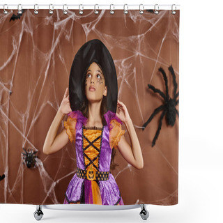 Personality  Girl In Halloween Costume And Witch Hat Looking Up And Standing Near Cobwebs On Brown Background Shower Curtains