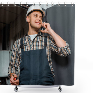 Personality  Cheerful Installer In Safety Helmet Holding Screwdriver While Talking On Smartphone  Shower Curtains