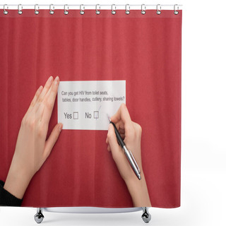 Personality  Partial View Of Woman Answering HIV Questionnaire On Red Background Shower Curtains