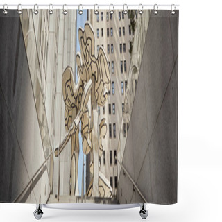 Personality  Low Angle View Of Stairs And Art Installation Against Modern Buildings In New York City, Banner Shower Curtains