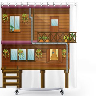 Personality  Wooden House With Two Stories Shower Curtains