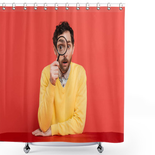 Personality  Scrupulous Man In Yellow Long Sleeve Jumper Holding Magnifying Glass On Red Coral Background  Shower Curtains