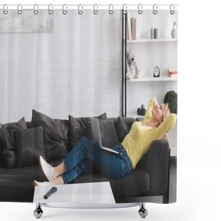Personality  Side View Of Happy Relaxed Woman Lying With Laptop On Couch Shower Curtains