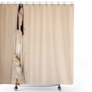 Personality  Brunette Asian Woman In Stylish Ivory Suit Sitting On Stool And Looking Away Isolated On Beige, Banner Shower Curtains