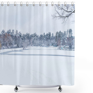 Personality  Beautiful Landscape With Frozen Lake And Snow Covered Trees In Winter Park Shower Curtains
