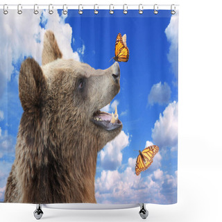 Personality  Cheerful Brown Bear With Butterfly Sitting On His Nose Shower Curtains