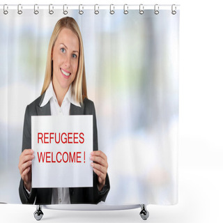 Personality  Smiling Woman Holding A White Banner With Words 