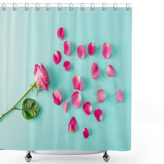 Personality  Top View Of Beautiful Pink Rose Flower With Petals On Blue Shower Curtains