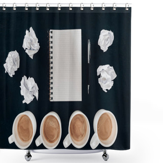 Personality  Top View Of Blank Notepad With Messy Crumpled Papers And Cups Of Coffee In Row Isolated On Black Shower Curtains