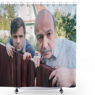 Personality  Two Caucasian Men Carefully Watching Over The Fence. Shower Curtains