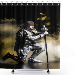 Personality  Handsome Knight In Armor Holding Sword And Bend Knee On Black Background Shower Curtains
