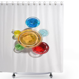 Personality  Flat Lay With Various Alcohol Cocktails In Glasses On White Backdrop Shower Curtains