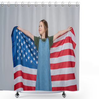 Personality  Patriotic Preteen Girl Smiling While Holding Huge Flag Of America During Memorial Day Isolated On Grey  Shower Curtains