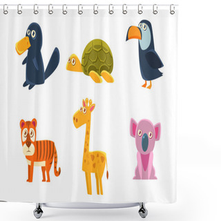 Personality  Collection Of Cute Exotic Animals, Tiger, Giraffe, Koala, Platypus, Turtle, Toucan Vector Illustration Shower Curtains