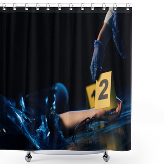 Personality  Partial View Of Covered Corpse And Investigator With Evidence Marker At Crime Scene Shower Curtains