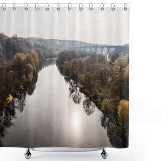 Personality  Water In River Near Trees In Green Forest Near Bridge  Shower Curtains