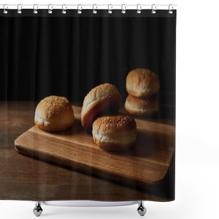 Personality  Delicious Buns With Sesame On Wooden Chopping Board Isolated On Black Shower Curtains
