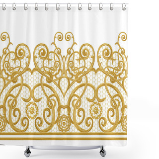 Personality  Seamless Pattern. Golden Textured Curls. Oriental Style Arabesques. Brilliant Lace, Stylized Flowers. Openwork Weaving Delicate, Golden Background. Shower Curtains