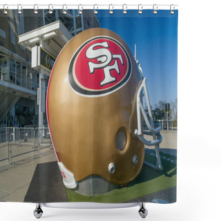 Personality  SANTA CLARA, CA/USA - OCTOBER 20, 2018:  San Francisco 49ers Life Size Helmet Outside Levi's Stadium. Shower Curtains