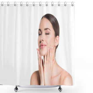 Personality  Smiling Young Woman Touching Her Face With Eyes Shut Isolated On White Shower Curtains