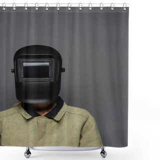Personality  Welder In Uniform And Helmet With Visor Isolated On Grey  Shower Curtains