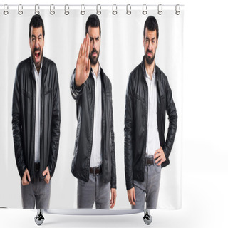 Personality  Man With Leather Jacket Making Stop Sign Shower Curtains