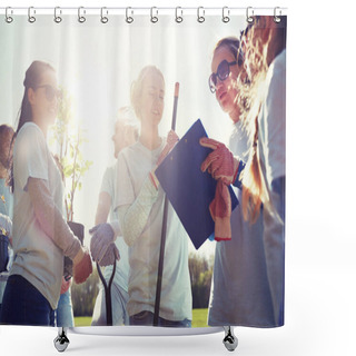 Personality  Group Of Volunteers With Tree Seedlings In Park Shower Curtains