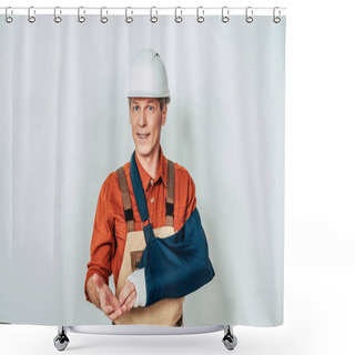 Personality  Repairman With Arm Bandage Standing On White Background Shower Curtains