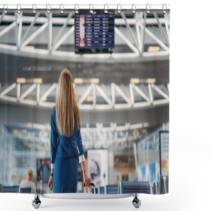 Personality  Sexy Stewardess In Uniform With Suitcase Looks At The Scoreboard In Airport, Back View. Air Hostess With Baggage In Terminal, Flight Attendant With Hand Luggage, Aviatransportations Job Shower Curtains