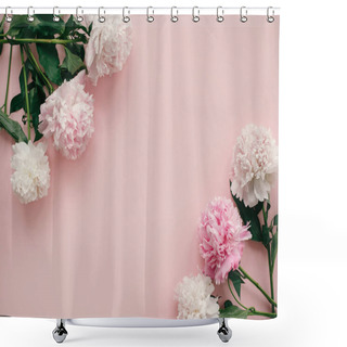 Personality  International Womens Day. Stylish Peonies Flat Lay. Pink And White Peonies Border On Pastel Pink Paper With Space For Text. Happy Mothers Day, Floral Greeting Card Mockup. Valentines Day. Shower Curtains