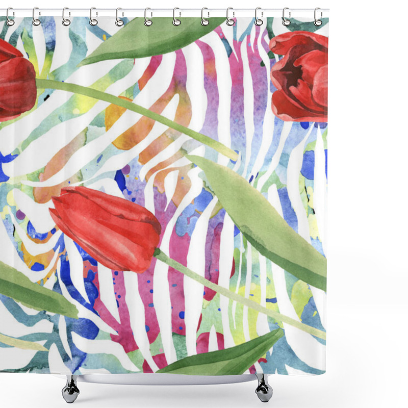 Personality  Red Tulips With Green Leaves On Zebra Background. Watercolor Illustration Set. Seamless Background Pattern. Shower Curtains