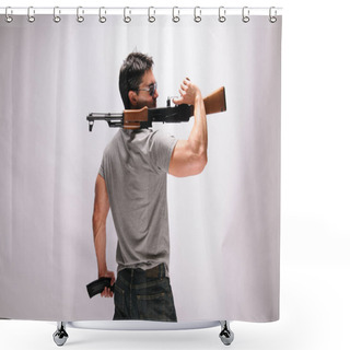 Personality  The Sexy Man Holds Onto A Rifle Shower Curtains