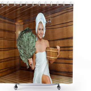 Personality  Smiling And Attractive Woman In Towels Holding Washtub And Birch Broom In Sauna  Shower Curtains