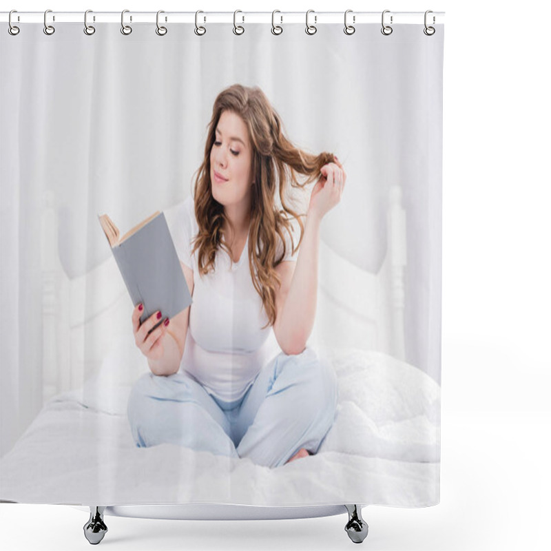 Personality  Young Woman In Pajama Reading Book On Bed At Home Shower Curtains