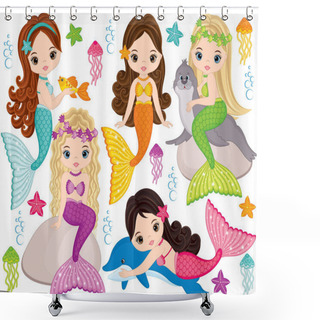 Personality  Vector Cute Little Mermaids With Marine Animals. Vector Mermaids And Sea Animals Shower Curtains