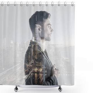 Personality  Double Exposure Of Handsome, Serious Man And New York Cityscape  Shower Curtains