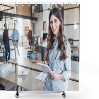 Personality  Beautiful Young Businesswoman Using Digital Tablet And Smiling At Camera In Office Shower Curtains