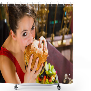 Personality  Woman In Fine Restaurant, She Eats A Burger Shower Curtains