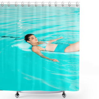 Personality  Attractive Woman Swimming On Floating Mattress In Swimming Pool Shower Curtains