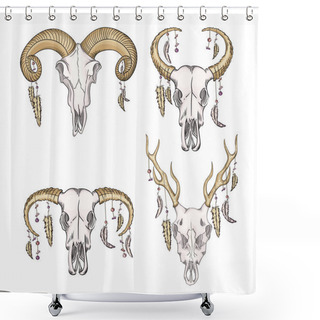 Personality  Collection Of Skulls Of Wild Animals With Feathers Western Mystical. Bohemian Head, Western Vintage Animal. Shower Curtains