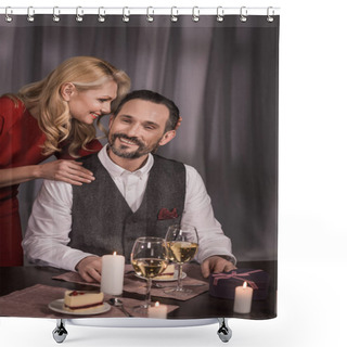 Personality  Wife Hugging Husband And Saying Something During Dinner Shower Curtains