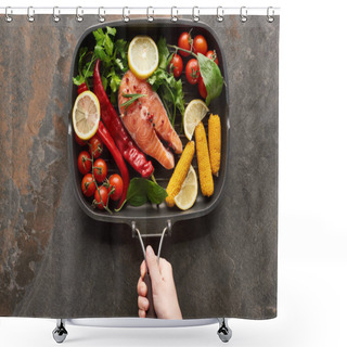 Personality  Cropped View Of Woman Holding Raw Salmon With Vegetables, Lemon And Herbs In Grill Pan Shower Curtains