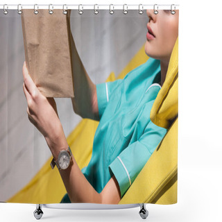 Personality  Cropped View Of Nurse In Uniform Lying On Sofa And Reading Book During Night Shift Shower Curtains