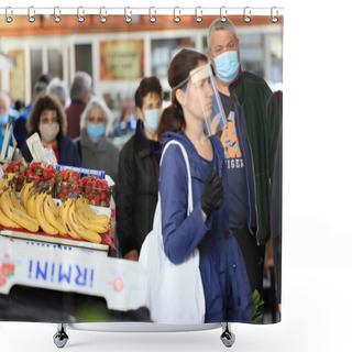 Personality  People Wearing Face Masks And Gloves For Prevention Of Coronavirus COVID-19 On A Marketplace In Sofia, Bulgaria On 04/14/2020. Shower Curtains