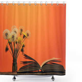 Personality  Open Book And  Yellow Flower Dandelion On A Old Oak Table And Coral Orange  Wall Background. Shower Curtains