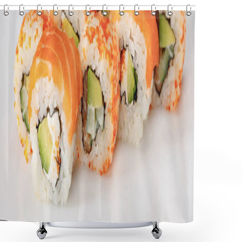 Personality  Delicious Philadelphia And California Sushi With Salmon And Masago Caviar On White Background, Panoramic Shot Shower Curtains