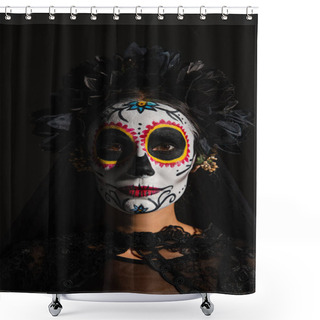 Personality  Portrait Of Woman In Traditional Mexican Catrina Makeup And Dark Wreath Looking At Camera Isolated On Black Shower Curtains
