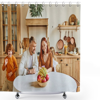 Personality  Playful Kids Running Around Happy Parents Sitting With Smartphone Near Fresh Fruits In Cozy Kitchen Shower Curtains