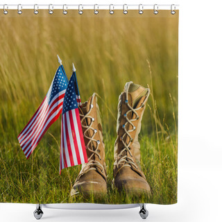 Personality  Close Up Of Military Boots Near American Flag With Stars And Stripes On Grass  Shower Curtains