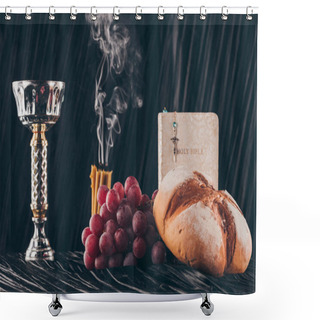 Personality  Food, Bible, Chalice And Christian Cross On Dark Table For Holy Communion Shower Curtains
